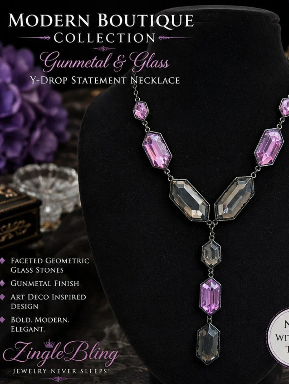 Gunmetal Purple Smoky Gray Glass Art Deco Y Drop Statement Necklace NWT